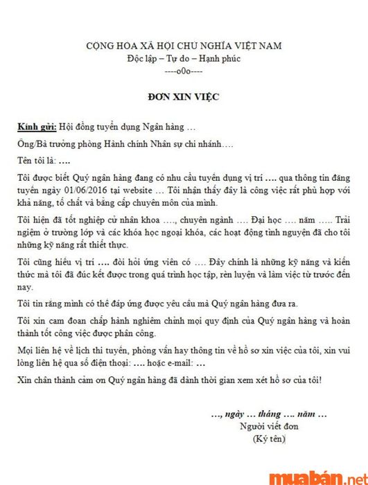 Mẫu đơn xin việc viết tay cho ngành ngân hàng