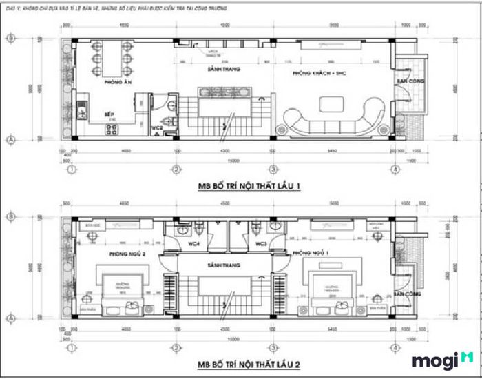 Bản vẽ thiết kế mẫu nhà phố 2 tầng 5×15 với phong cách hiện đại