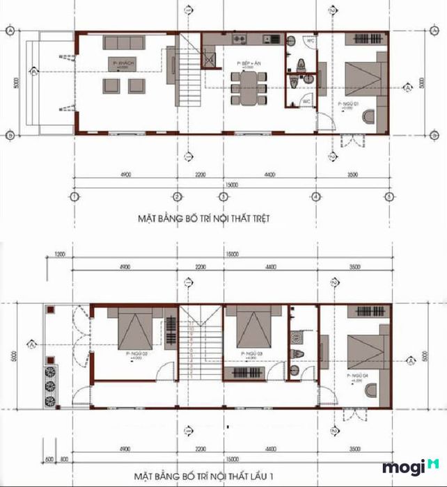 Bản vẽ bố trí mặt bằng cho mẫu nhà phố 2 tầng 5x15