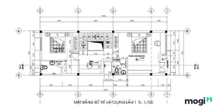 Mặt bằng công năng tầng 1 của mẫu nhà ống 2 tầng đẹp và đơn giản được thiết kế hợp lý, tối ưu không gian sống.