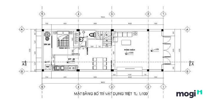 Mặt bằng công năng tầng trệt của mẫu nhà ống 2 tầng 5×15 được tối ưu hóa để mang lại sự tiện lợi cho gia đình.