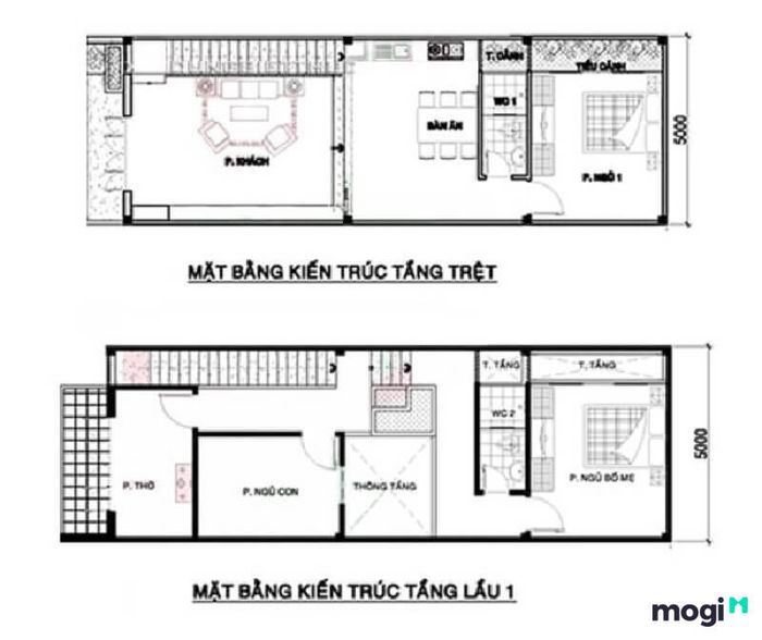 Bản vẽ thiết kế mẫu nhà phố 2 tầng 5×15 với 3 phòng ngủ, hòa hợp với không gian thiên nhiên, mang đến sự thoải mái và gần gũi.