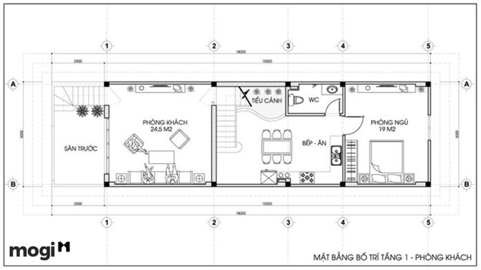 Phòng khách được bố trí ngay trên gara, tạo sự tiện lợi và sự kết nối giữa không gian sinh hoạt và không gian để xe.