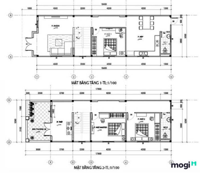 Bản vẽ thiết kế nhà phố 2 tầng 5×15 đẹp mắt
