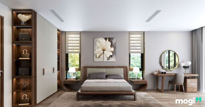 Mẫu thiết kế phòng ngủ hiện đại, tiện nghi cho nhà phố 2 tầng 5x15 mang đến một không gian nghỉ ngơi thư giãn lý tưởng, đầy đủ tiện nghi.