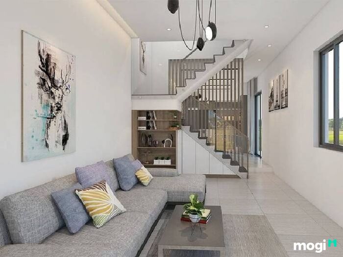 Thiết kế nội thất phòng khách cho mẫu nhà phố 2 tầng 5x15 mang lại không gian thoáng đãng, tối giản nhưng đầy đủ tiện nghi.