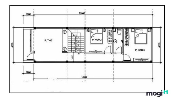 Mặt bằng tầng 2 của mẫu thiết kế nhà phố với không gian thoáng mát