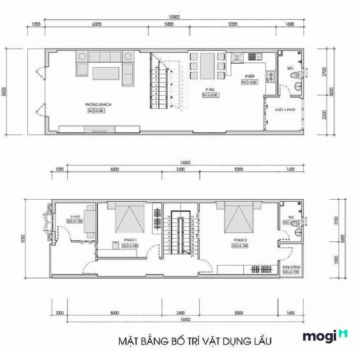 Bản vẽ thiết kế mẫu nhà phố 2 tầng kiểu nhà ống 5x15