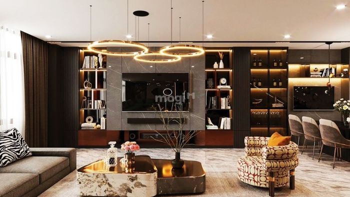 Mẫu phòng khách hiện đại với nội thất mang tông màu nâu trầm kết hợp ánh sáng vàng, tạo nên không gian ấm cúng, sang trọng