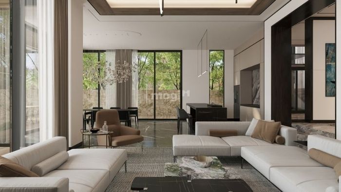 Sự kết hợp nhẹ nhàng giữa màu sắc trung tính và không gian xanh từ cây cối bên ngoài tạo ra một không gian hài hòa và dễ chịu.