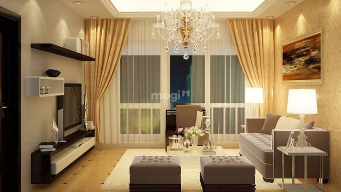 Phòng khách nhà cấp 4 với sắc vàng ấm áp, tạo không gian ấm cúng và dễ chịu