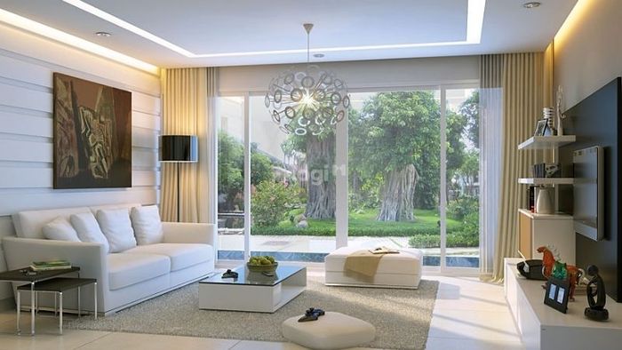 Phòng khách của biệt thự nhà vườn với không gian sáng sủa, tràn ngập ánh sáng tự nhiên
