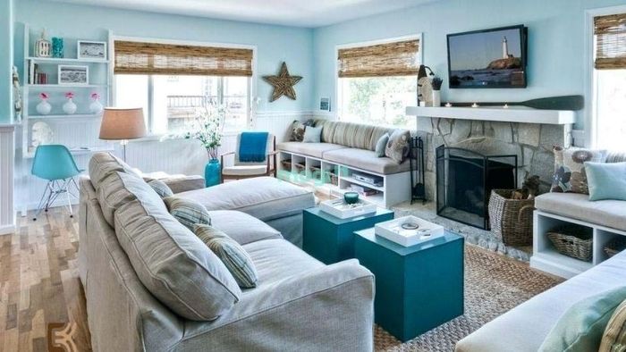 Mẫu phòng khách màu xanh mang lại không gian thoải mái, thu hút tài lộc cho người mệnh Thủy