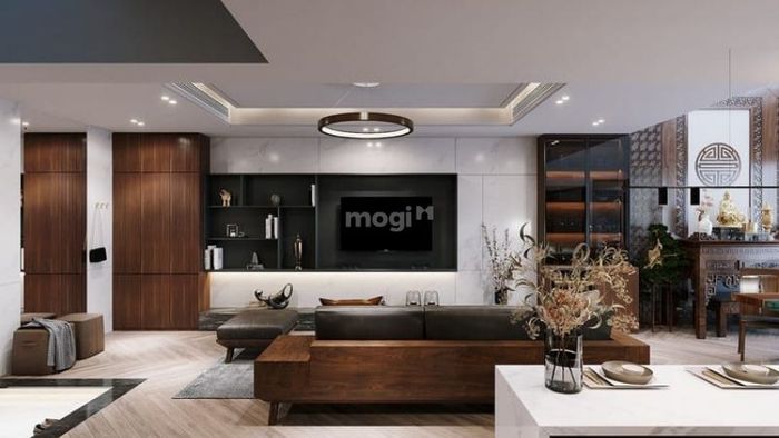Mẫu phòng khách đẹp với nội thất gỗ tinh tế cho căn hộ chung cư