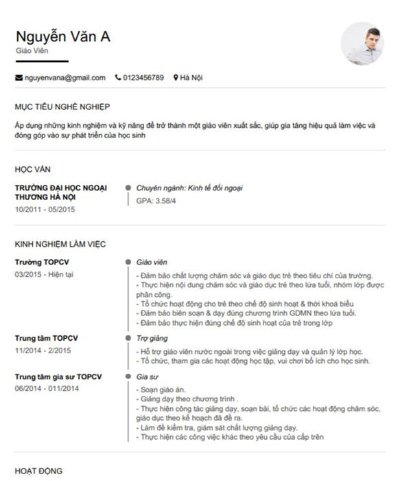 Mẫu CV giáo viên đơn giản mẫu 3 – Nguồn: timviec.com