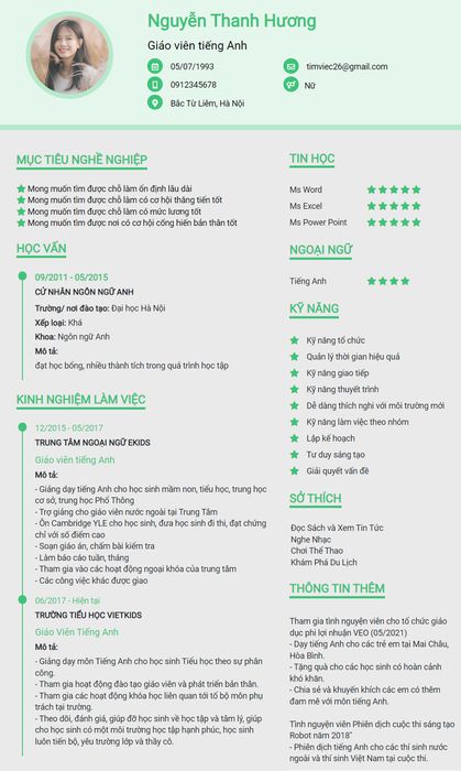 Mẫu CV giáo viên Tiếng Anh mẫu 1
