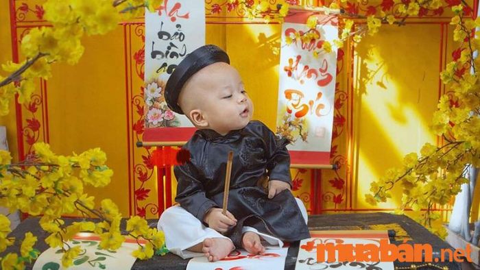 Bé trai trong trang phục ông đồ sẽ tạo nên những bức ảnh Tết tuyệt đẹp, gợi nhớ đến những nét văn hóa truyền thống của người Việt.