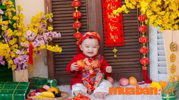 Chụp ảnh Tết cho bé trai với câu đối đỏ may mắn