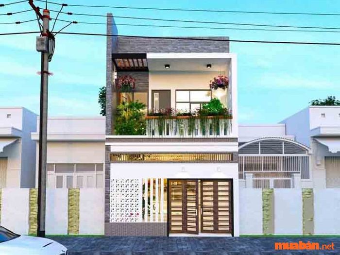 Mẫu nhà 2 tầng 5x20 đẹp, kiểu dáng sang trọng và hiện đại, phù hợp với nhu cầu sống hiện đại của gia đình.