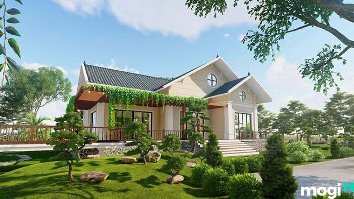 Mẫu thiết kế biệt thự sân vườn mái Thái hiện đại, kết hợp với không gian xanh mát và các chi tiết kiến trúc tinh tế.