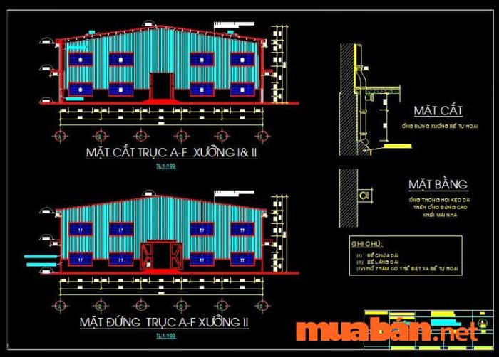 Bản thiết kế autocad nhà xưởng đơn giản với cầu trục