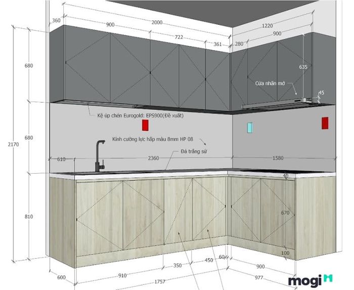 Kích thước tủ bếp trên chuẩn