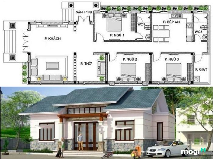 Mẫu nhà cấp 4 bao gồm 1 phòng thờ và 3 phòng ngủ.