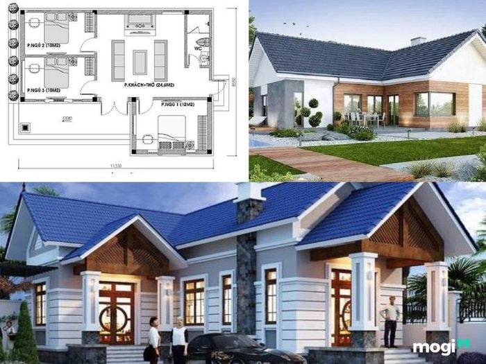 Nhà cấp 4 kiểu chữ L với 1 phòng thờ và 3 phòng ngủ.