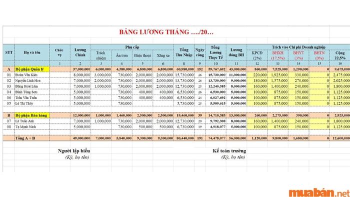 Mẫu bảng lương cho doanh nghiệp lớn