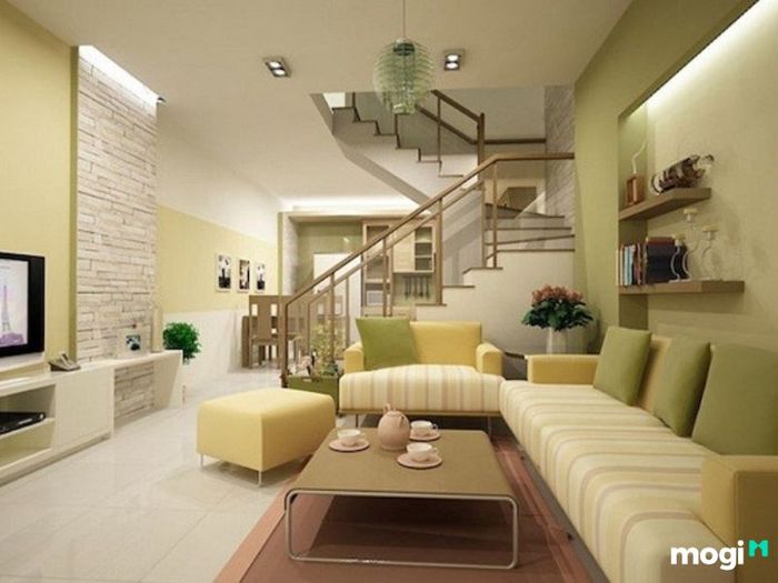 Phòng khách 4m được thiết kế với màu xanh cốm nhẹ nhàng, đem lại cảm giác thư giãn và tinh tế.