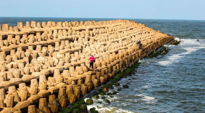 A fisherman casts his line into the sea from a breakwater on Egypt’s rapidly evolving coastline.