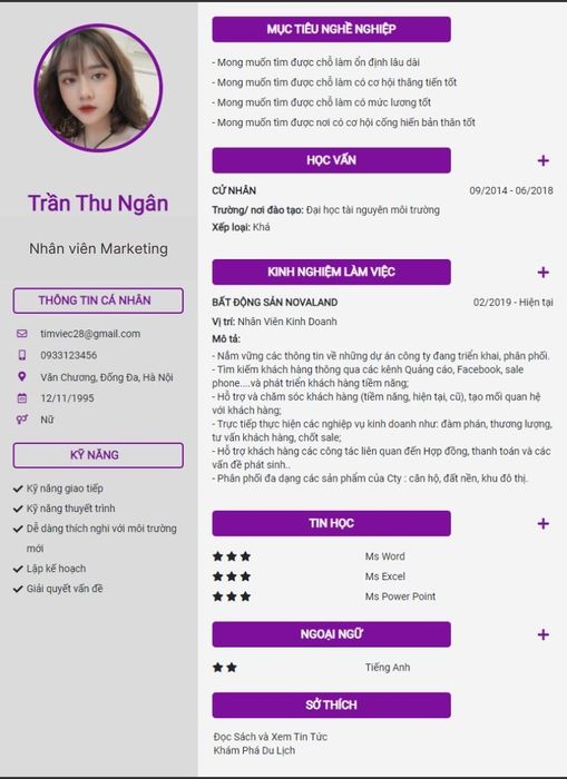 Mẫu CV xin việc Marketing trong ngành bất động sản