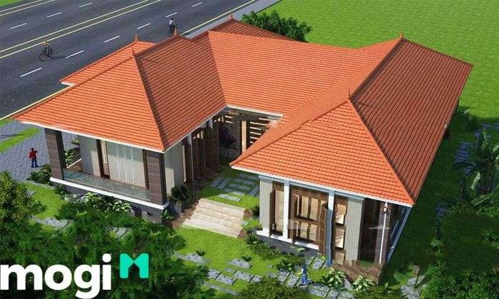 Mẫu nhà cấp 4 dạng hình chữ U với thiết kế 3 phòng ngủ.