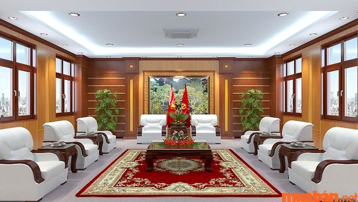 Phòng khánh tiết là một không gian sang trọng, được thiết kế để đón tiếp các khách mời quan trọng trong các hội nghị hoặc sự kiện lớn.