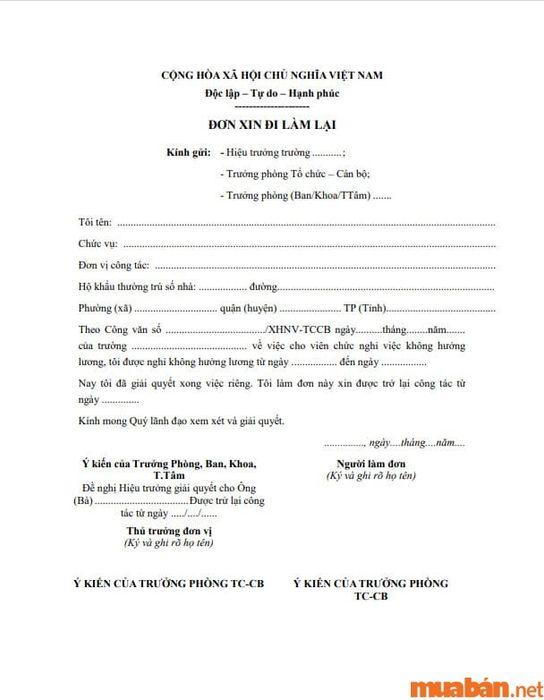Mẫu đơn xin trở lại công tác