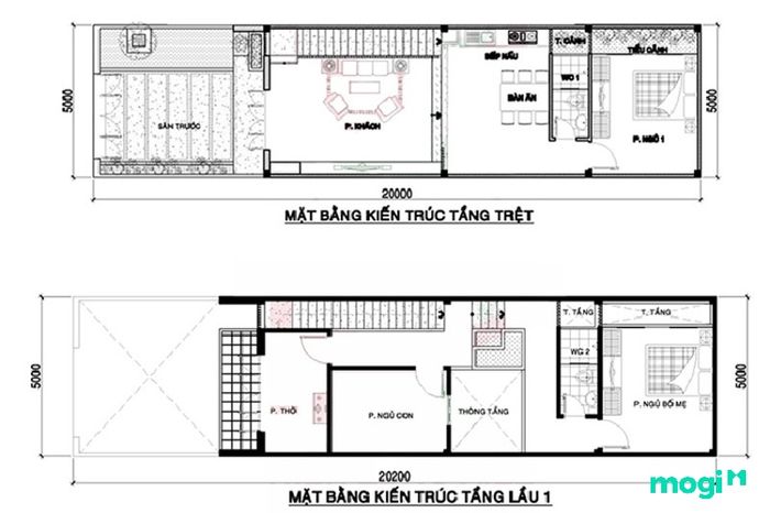 Bản vẽ thiết kế nhà ống 2 tầng 5x18m