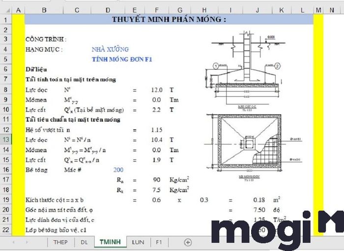 Sử dụng Excel để tính toán móng đơn