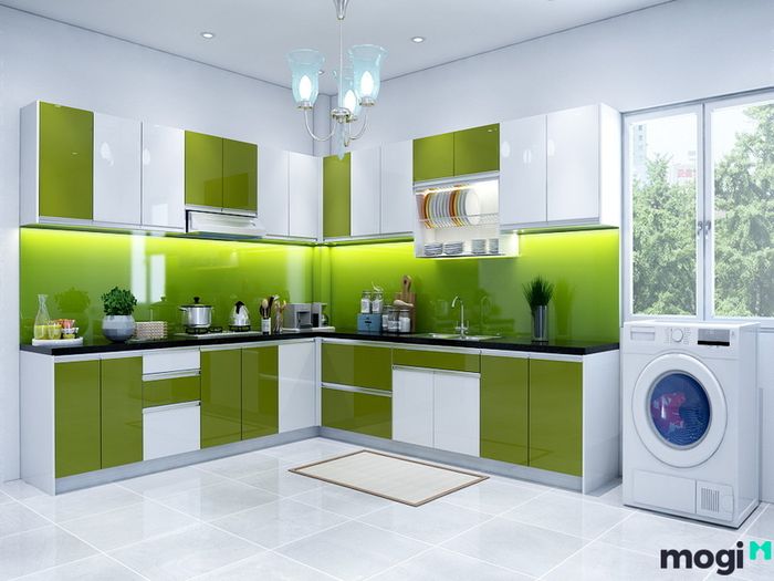 Tủ bếp kích thước tiêu chuẩn với màu sắc xanh tươi