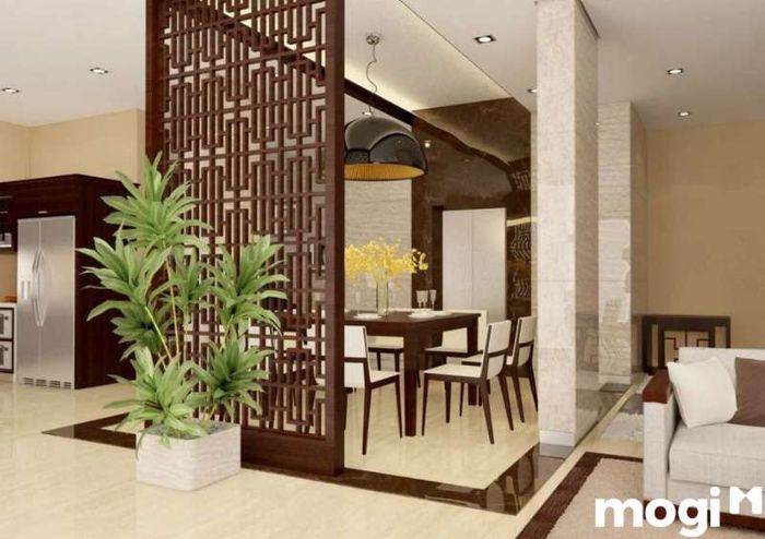 Mẫu vách ngăn phòng khách ấm áp, gần gũi cho nhà chung cư