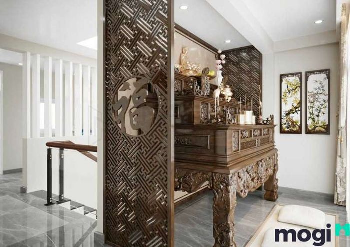 Mẫu vách ngăn phòng khách và phòng thờ mang đến sự trang nghiêm, thanh tịnh