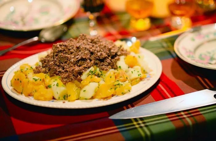 Haggis is typically served with mashed turnips.