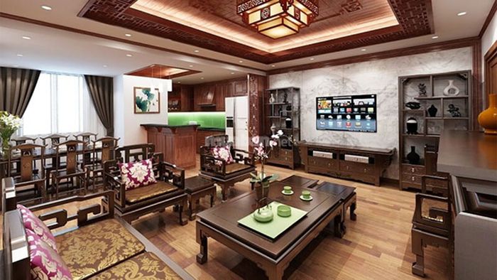 Phòng khách nhà cấp 4 thiết kế bằng gỗ tự nhiên, mẫu 1