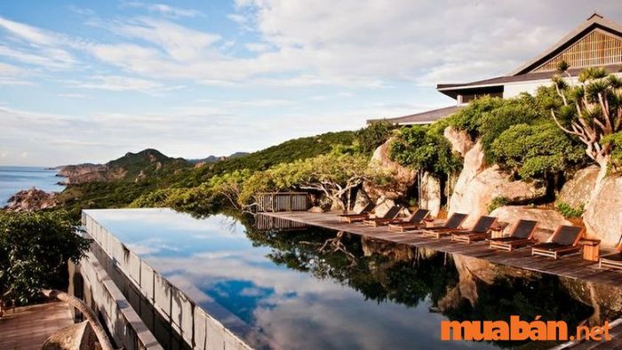 Hồ bơi với view nhìn ra biển tại resort Vĩnh Hy