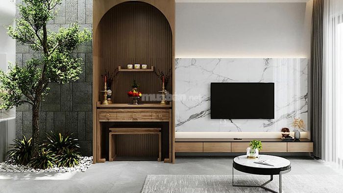 Mẫu 3: Phòng khách nhà cấp 4 kết hợp với phòng thờ, kết hợp hài hòa giữa truyền thống và hiện đại