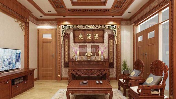 Mẫu 2: Phòng khách nhà cấp 4 kết hợp với phòng thờ, phong cách hiện đại và trang nghiêm