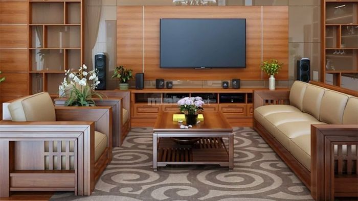 Phòng khách nhà cấp 4 trang trí với gỗ công nghiệp, mẫu 2