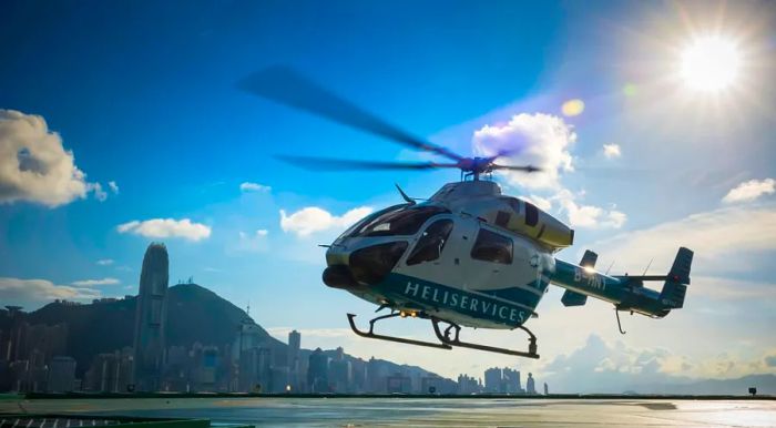 Heliservices' helicopter departs from The Peninsula Hong Kong, the city's oldest luxury hotel.