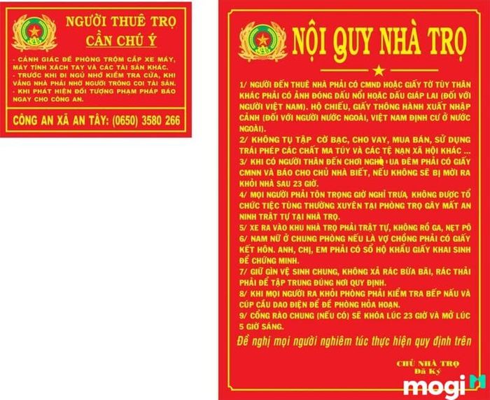 Các quy định trong phòng trọ.