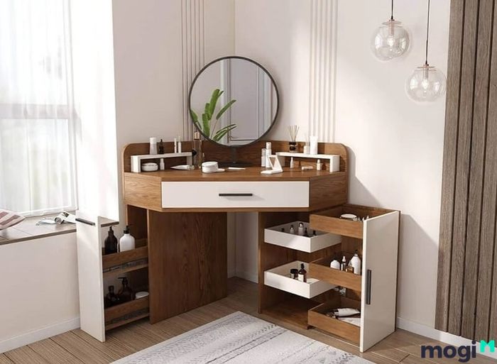 Có thể đặt bàn trang điểm ở góc tường để tiết kiệm không gian.