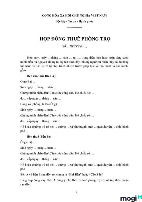 Mẫu hợp đồng thuê phòng trọ